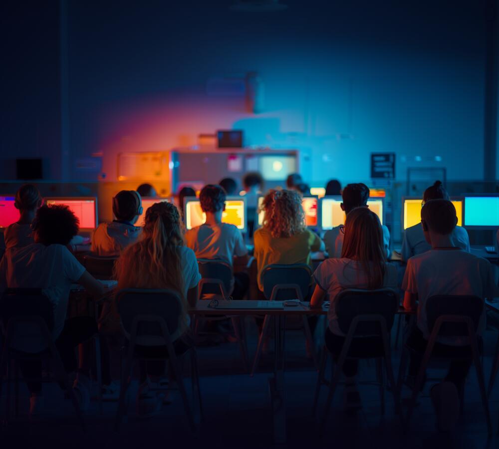 Een groep jongeren zitten achter computers