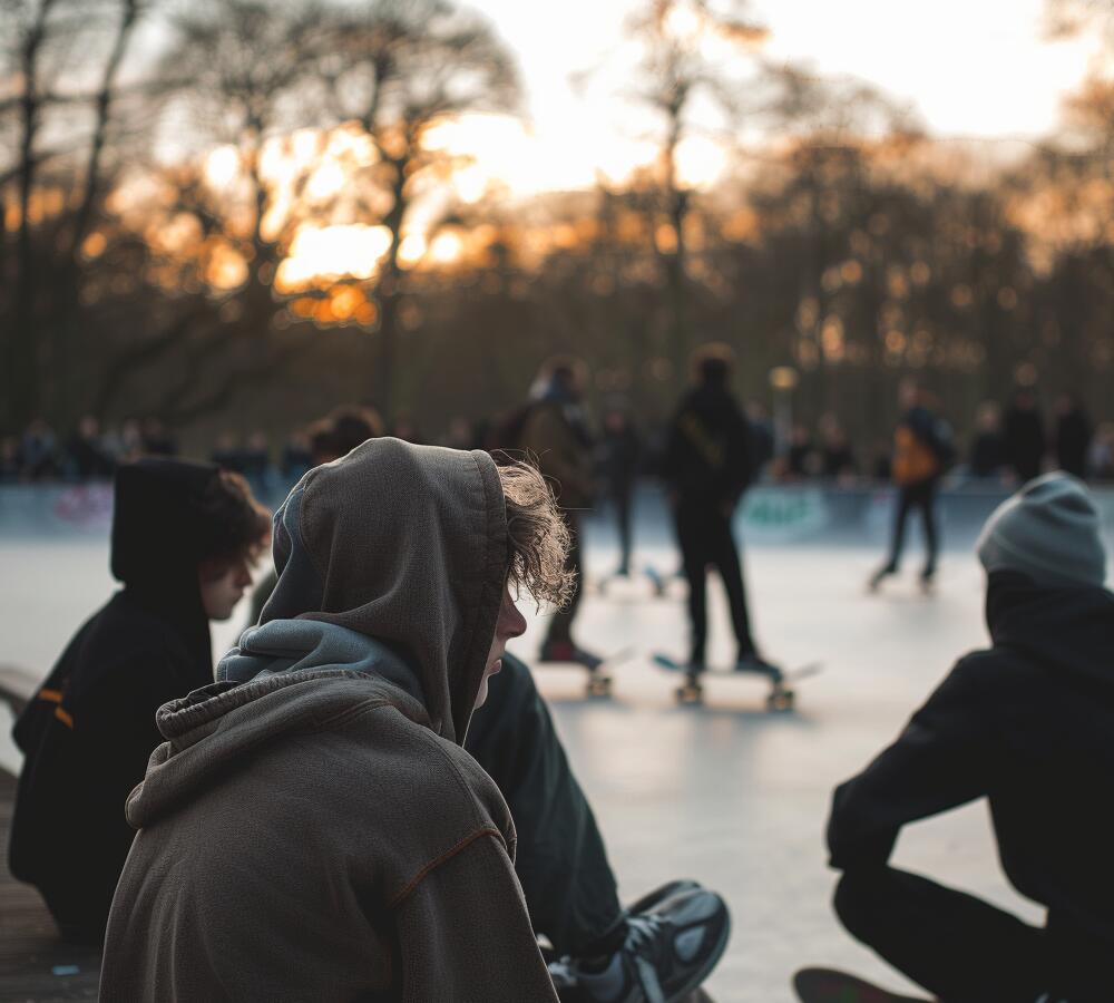 Een groep jongeren met hoodies aan het chillen bij een skatepark